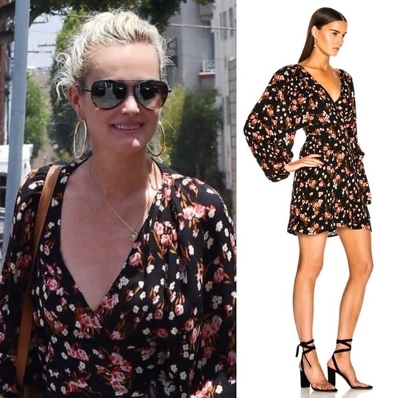 ALC Silk Chiffon Floral Print Puff Long Sleeve V-Neck Tie Belt Wrap Mini Dress 4 - Picture 8 of 15